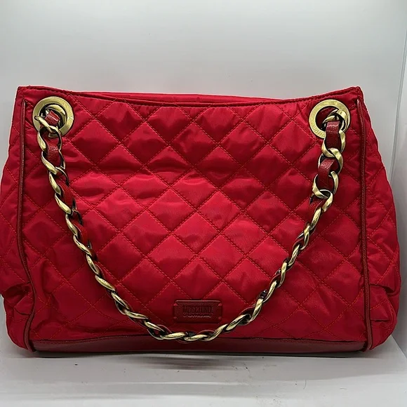 Moschino Fire Engine Red Quilted Bow Chain Handles Handbag Purse 🌺🌺 - Picture 2 of 8